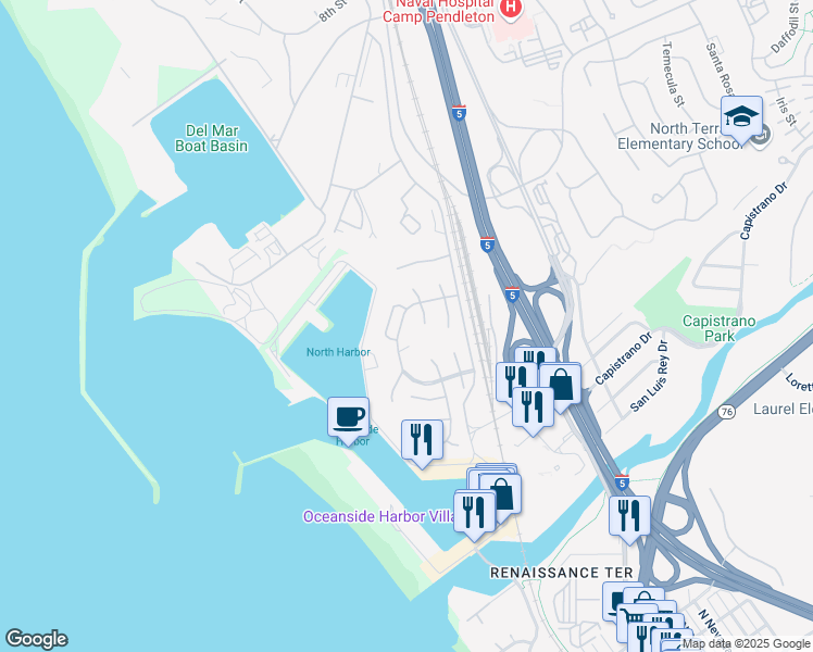 map of restaurants, bars, coffee shops, grocery stores, and more near 610 Nautilus Street in Oceanside
