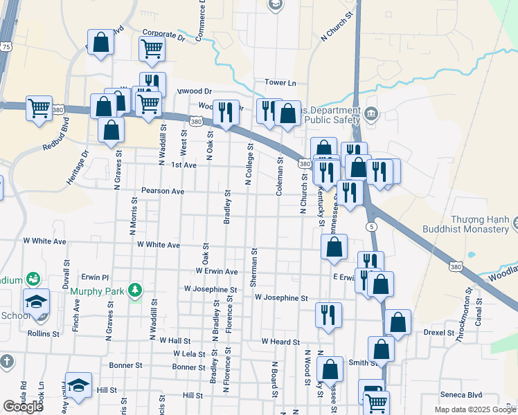 map of restaurants, bars, coffee shops, grocery stores, and more near 1306 Sherman Street in McKinney