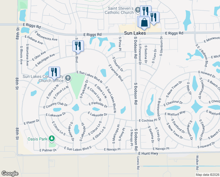 map of restaurants, bars, coffee shops, grocery stores, and more near 9462 East Sun Lakes Boulevard North in Sun Lakes