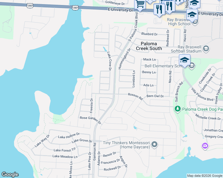 map of restaurants, bars, coffee shops, grocery stores, and more near 913 Lake Cove Drive in Little Elm