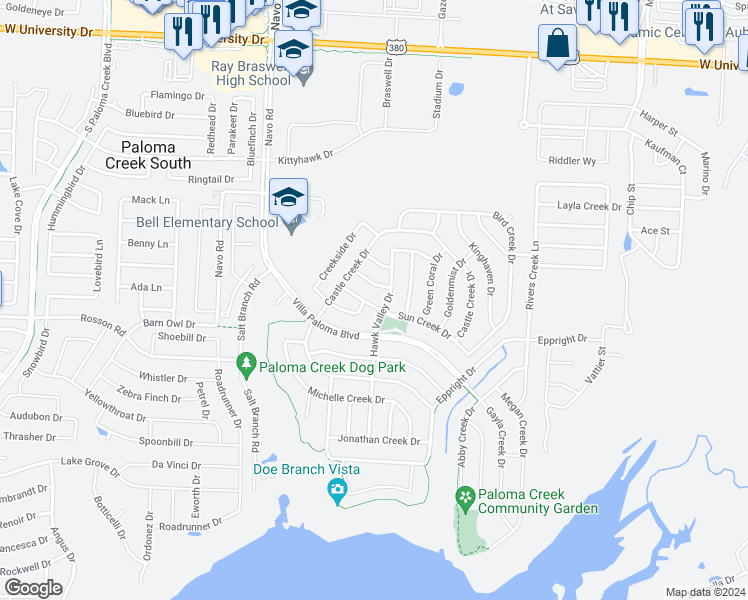 map of restaurants, bars, coffee shops, grocery stores, and more near 2213 Sun Creek Drive in Little Elm
