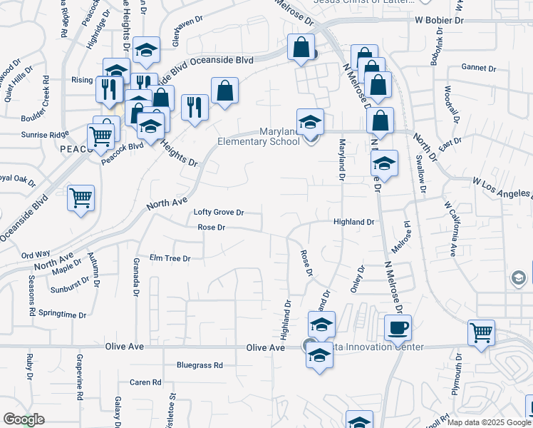 map of restaurants, bars, coffee shops, grocery stores, and more near 2644 Sycamore Drive in Oceanside