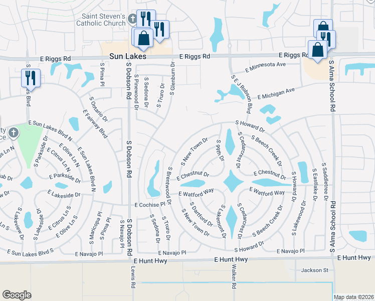 map of restaurants, bars, coffee shops, grocery stores, and more near 25837 South Brentwood Drive in Sun Lakes