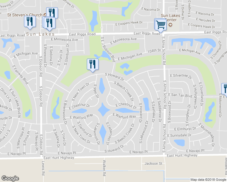 map of restaurants, bars, coffee shops, grocery stores, and more near 25818 South Greencastle Drive in Sun Lakes