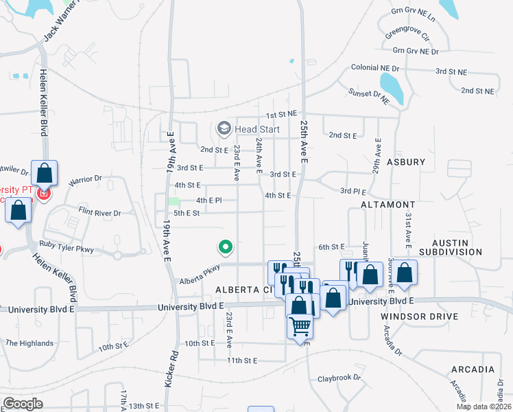 map of restaurants, bars, coffee shops, grocery stores, and more near 428 24th Avenue East in Tuscaloosa