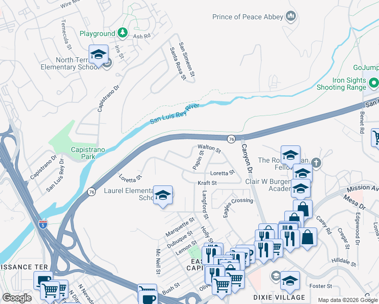 map of restaurants, bars, coffee shops, grocery stores, and more near 1606 Walton Street in Oceanside