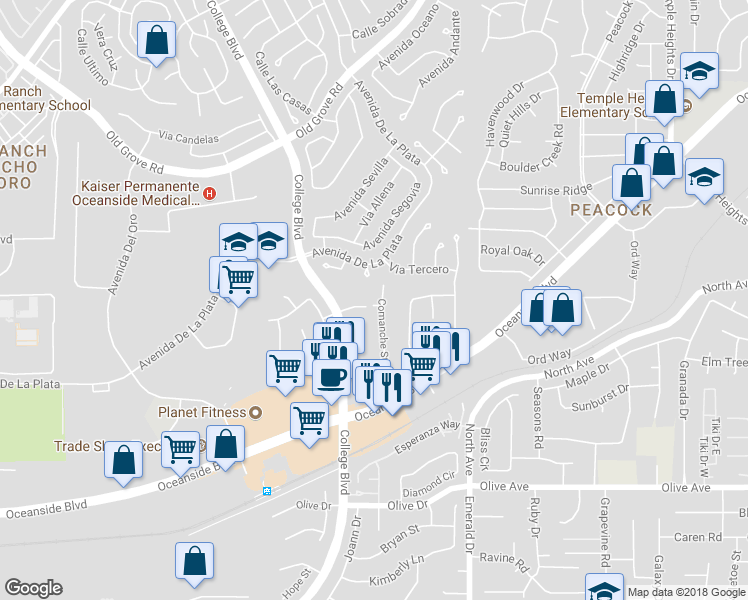 map of restaurants, bars, coffee shops, grocery stores, and more near 1899 Comanche Street in Oceanside