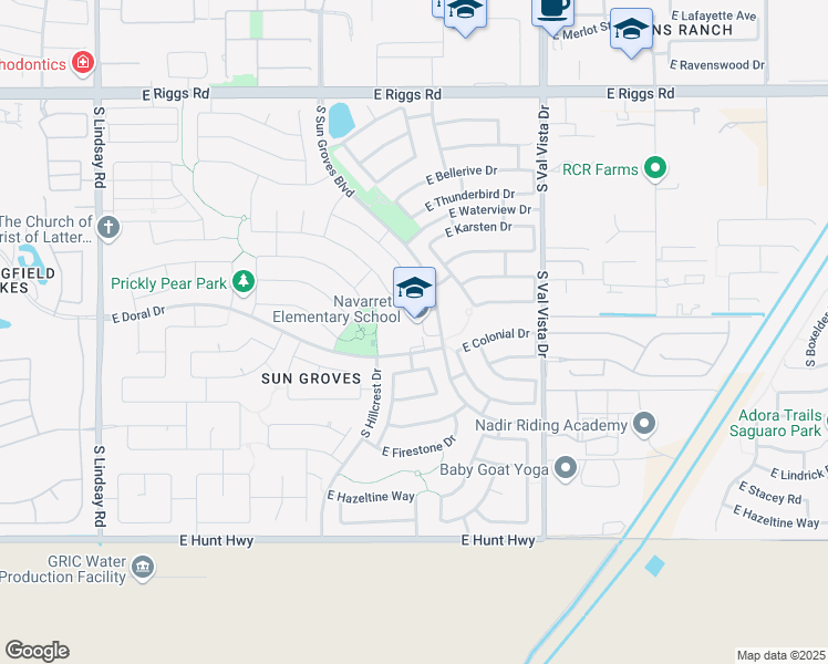 map of restaurants, bars, coffee shops, grocery stores, and more near 6490 South Sun Groves Boulevard in Chandler