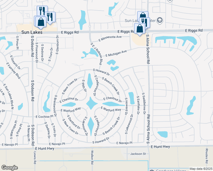 map of restaurants, bars, coffee shops, grocery stores, and more near 25848 South Beech Creek Drive in Sun Lakes