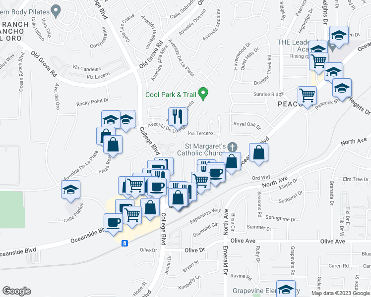 map of restaurants, bars, coffee shops, grocery stores, and more near 1896 Comanche Street in Oceanside