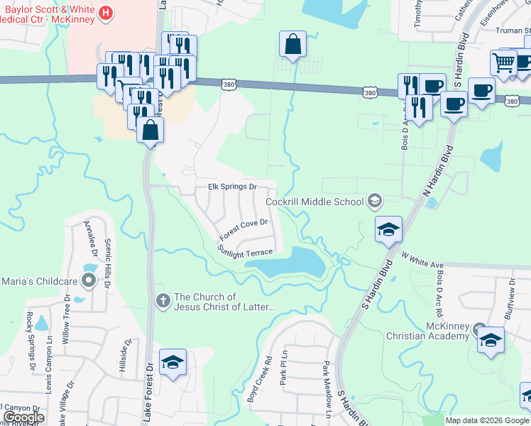 map of restaurants, bars, coffee shops, grocery stores, and more near 1309 Eastbrook Drive in McKinney