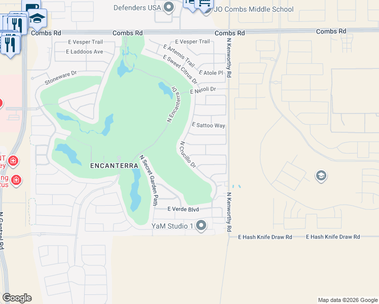 map of restaurants, bars, coffee shops, grocery stores, and more near 1574 East Alegria Road in San Tan Valley