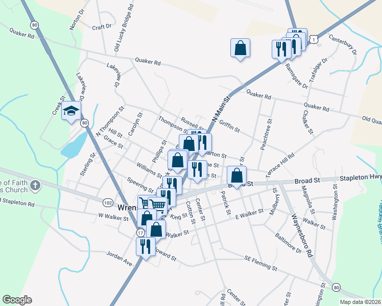 map of restaurants, bars, coffee shops, grocery stores, and more near 400-420 N Main St in Wrens