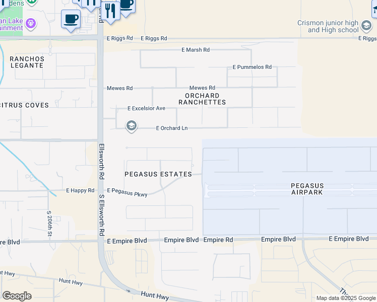 map of restaurants, bars, coffee shops, grocery stores, and more near 21145 East Aquarius Way in Queen Creek