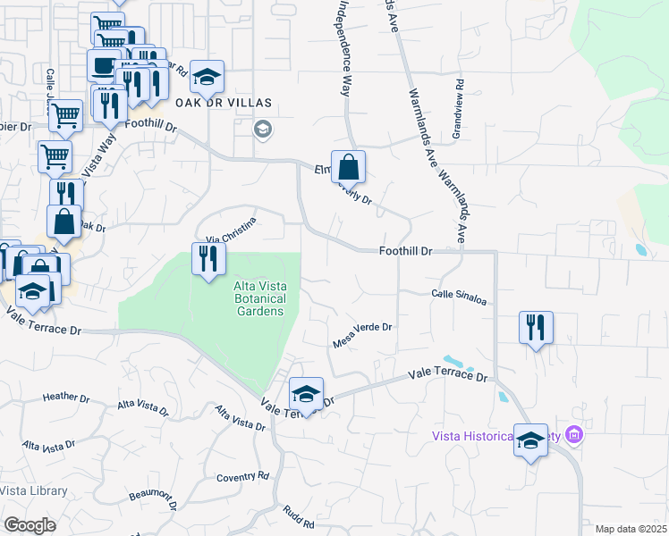 map of restaurants, bars, coffee shops, grocery stores, and more near 1657 Foothill Drive in Vista