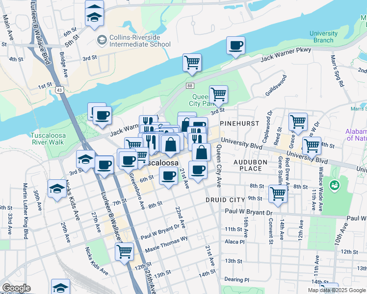 map of restaurants, bars, coffee shops, grocery stores, and more near 2008 University Boulevard in Tuscaloosa