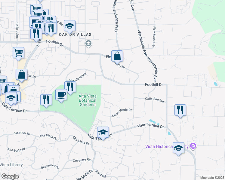 map of restaurants, bars, coffee shops, grocery stores, and more near 1657 Foothill Drive in Vista