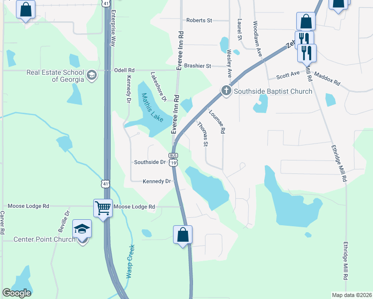 map of restaurants, bars, coffee shops, grocery stores, and more near 108 Kline Circle in Griffin