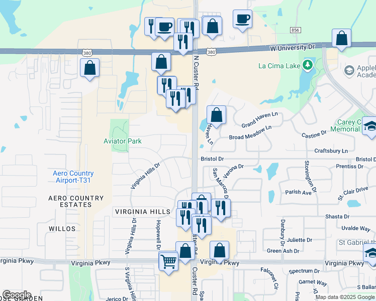 map of restaurants, bars, coffee shops, grocery stores, and more near 1008 Chesterfield Drive in McKinney
