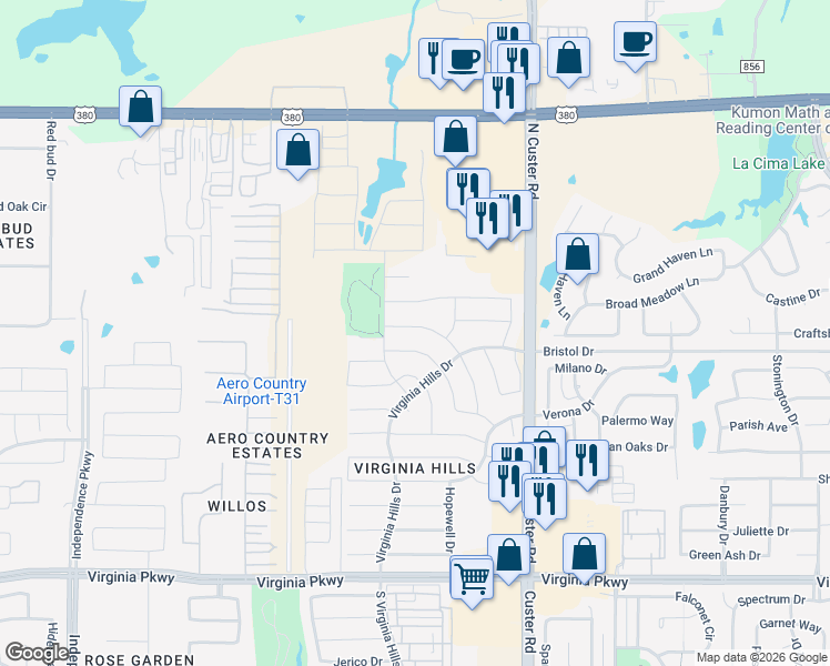 map of restaurants, bars, coffee shops, grocery stores, and more near 1121 Charlotte Drive in McKinney