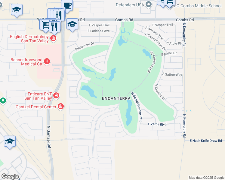 map of restaurants, bars, coffee shops, grocery stores, and more near 36460 North Encanterra Drive in San Tan Valley