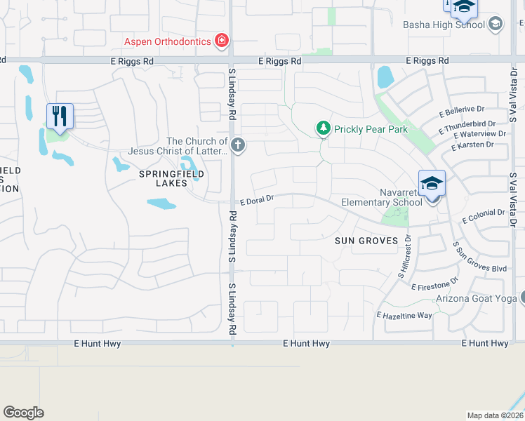 map of restaurants, bars, coffee shops, grocery stores, and more near 6521 South Emerald Drive in Chandler