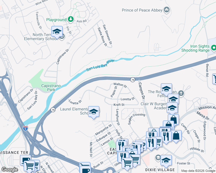 map of restaurants, bars, coffee shops, grocery stores, and more near 1606 Walton Street in Oceanside