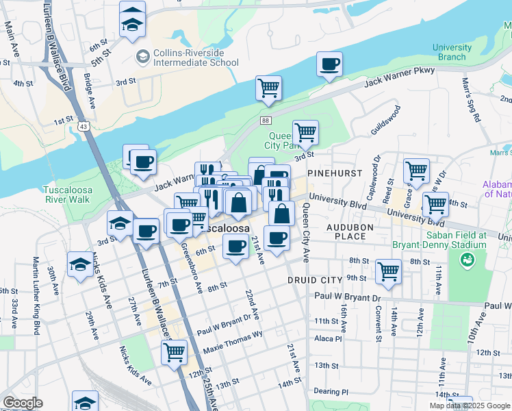 map of restaurants, bars, coffee shops, grocery stores, and more near 2008 University Boulevard in Tuscaloosa