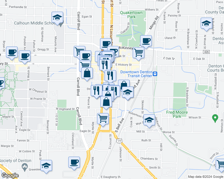 map of restaurants, bars, coffee shops, grocery stores, and more near 401 South Locust Street in Denton