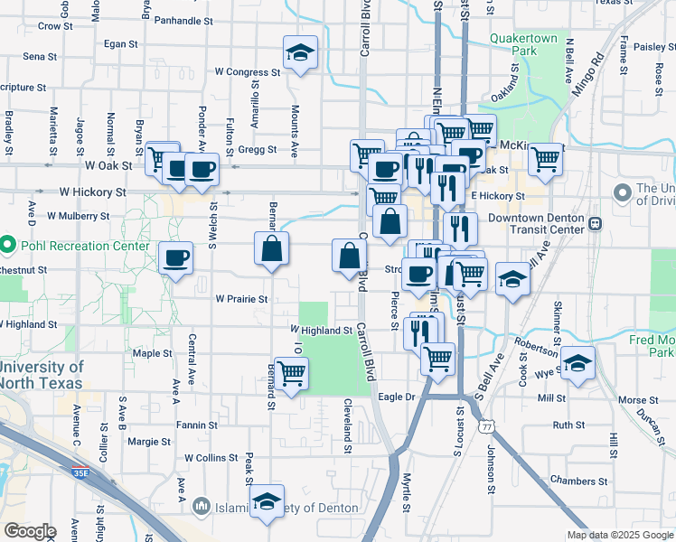 map of restaurants, bars, coffee shops, grocery stores, and more near 416 South Carroll Boulevard in Denton