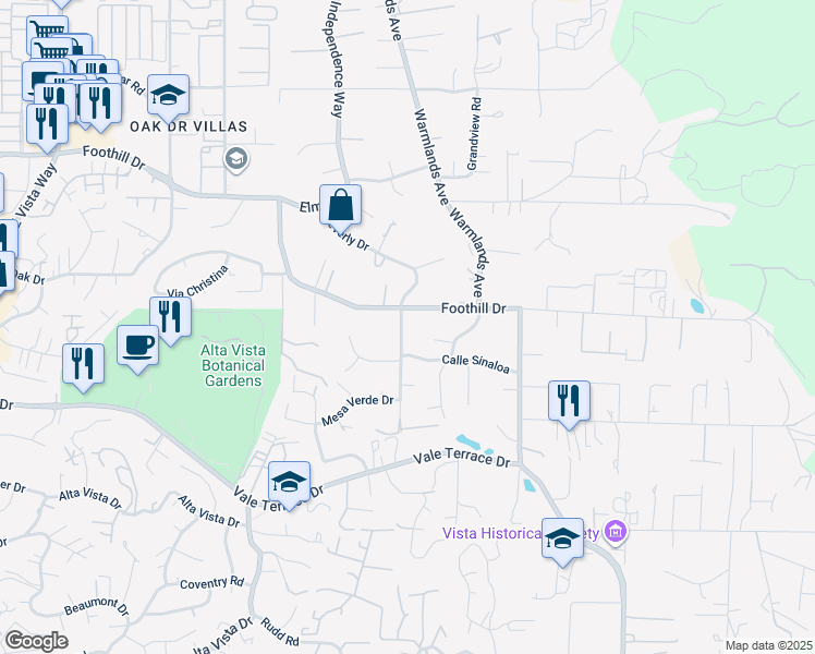 map of restaurants, bars, coffee shops, grocery stores, and more near 939 Beverly Drive in Vista
