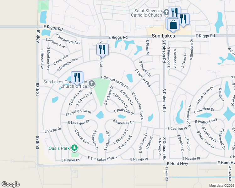 map of restaurants, bars, coffee shops, grocery stores, and more near 9354 East Citrus Lane North in Sun Lakes