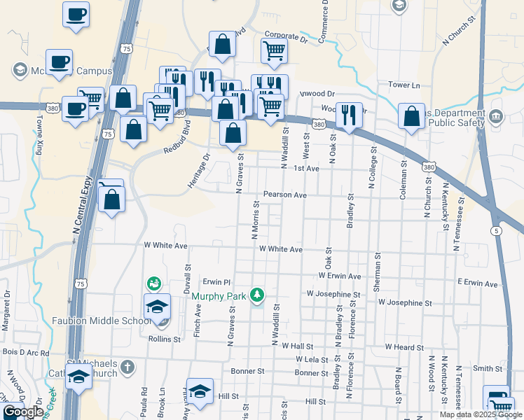 map of restaurants, bars, coffee shops, grocery stores, and more near 1510 North Morris Street in McKinney