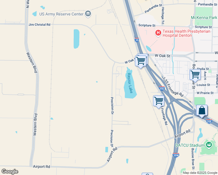 map of restaurants, bars, coffee shops, grocery stores, and more near 954 Precision Drive in Denton