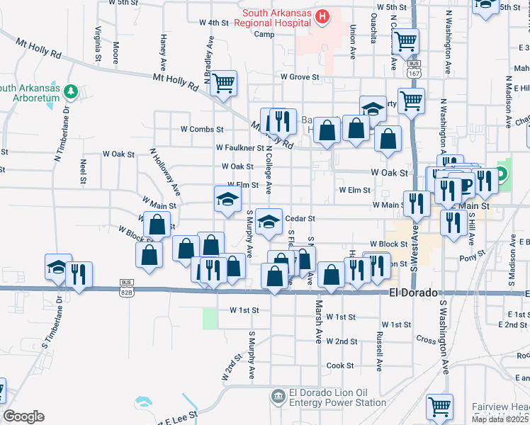 map of restaurants, bars, coffee shops, grocery stores, and more near 109 South College Avenue in El Dorado