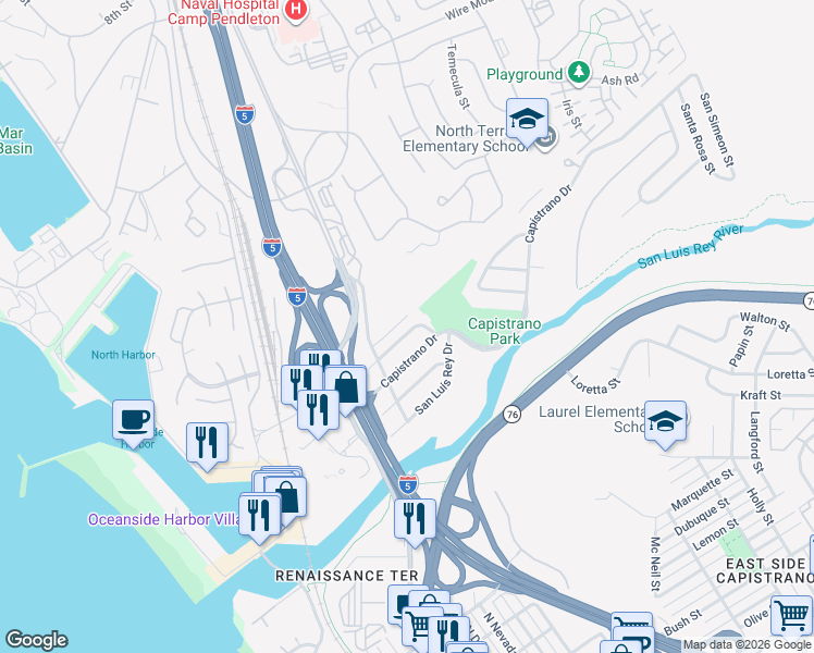 map of restaurants, bars, coffee shops, grocery stores, and more near 621 Sunset Drive in Oceanside