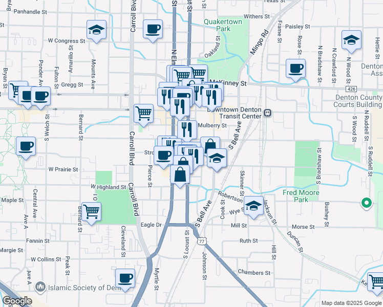 map of restaurants, bars, coffee shops, grocery stores, and more near 401 South Locust Street in Denton