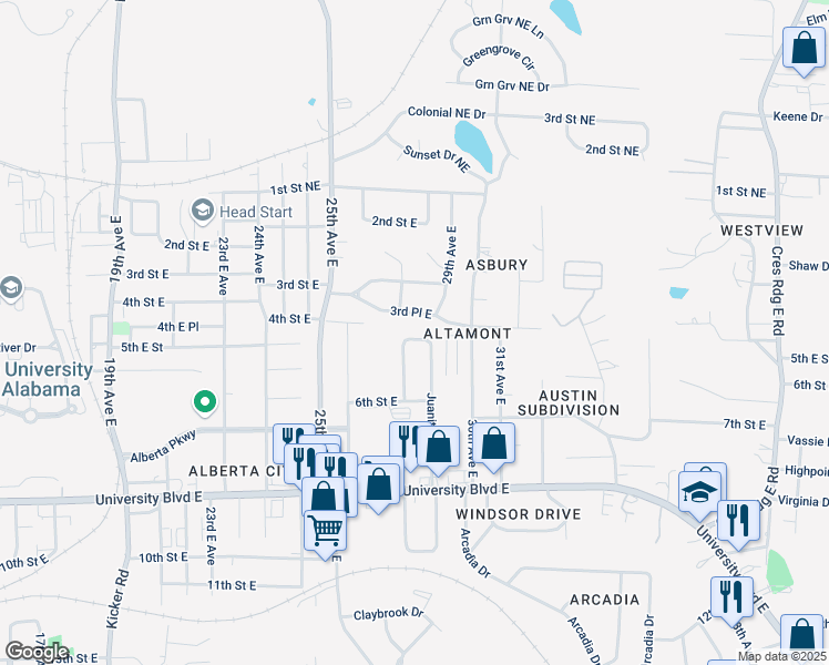 map of restaurants, bars, coffee shops, grocery stores, and more near 39 5th East Street in Tuscaloosa