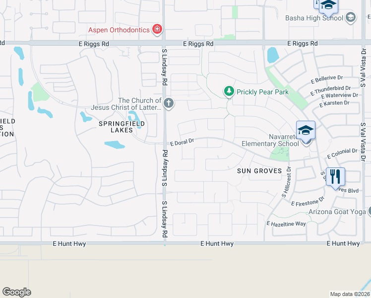 map of restaurants, bars, coffee shops, grocery stores, and more near 6521 South Emerald Drive in Chandler