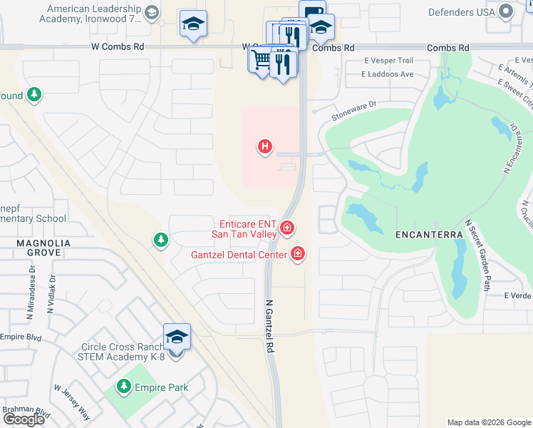 map of restaurants, bars, coffee shops, grocery stores, and more near 196 West Chaska Trail in San Tan Valley