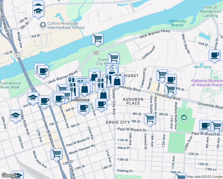 map of restaurants, bars, coffee shops, grocery stores, and more near 1809 University Boulevard in Tuscaloosa