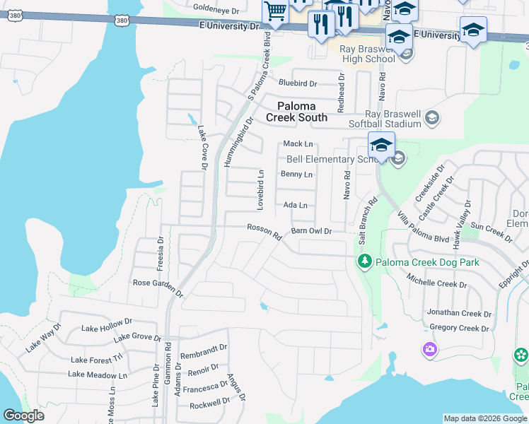 map of restaurants, bars, coffee shops, grocery stores, and more near 921 Lovebird Lane in Little Elm