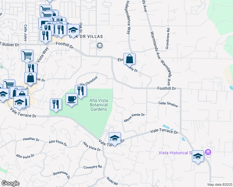 map of restaurants, bars, coffee shops, grocery stores, and more near 1615 Foothill Drive in Vista