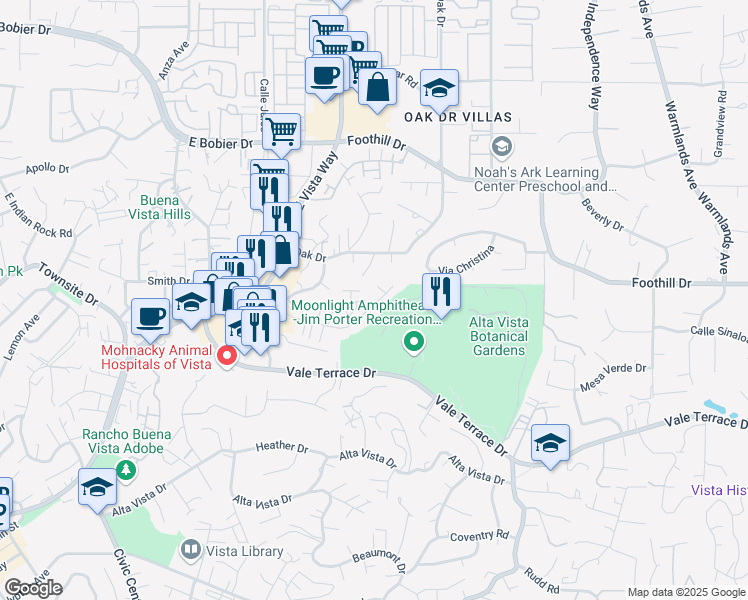 map of restaurants, bars, coffee shops, grocery stores, and more near 1152 Meadow Lake Drive in Vista