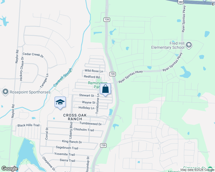 map of restaurants, bars, coffee shops, grocery stores, and more near 9200 Remington Drive in Aubrey