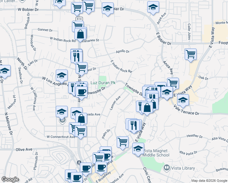 map of restaurants, bars, coffee shops, grocery stores, and more near 803 Duo Ct in Vista