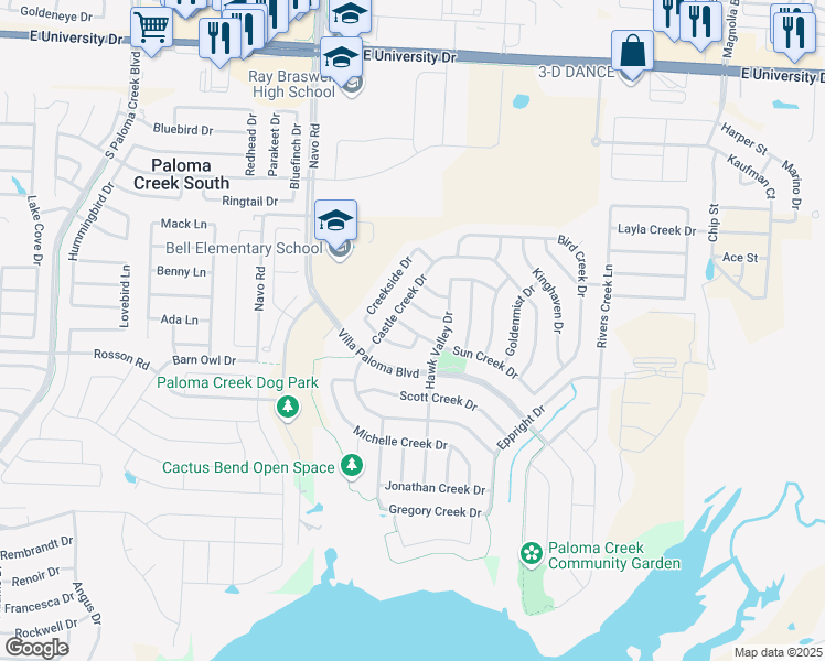 map of restaurants, bars, coffee shops, grocery stores, and more near 2400 Sun Creek Drive in Little Elm