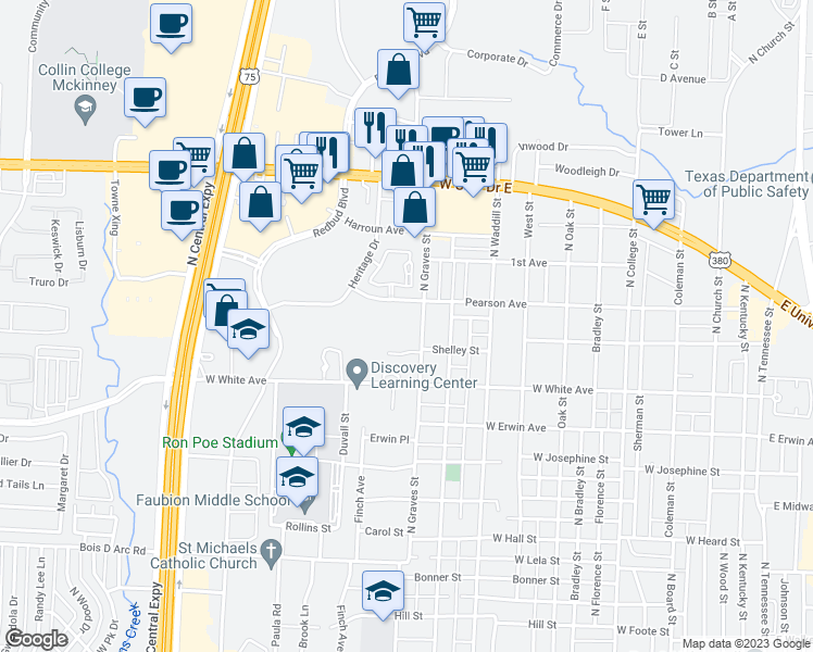 map of restaurants, bars, coffee shops, grocery stores, and more near 1801 Pearson Avenue in McKinney