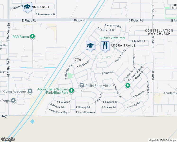 map of restaurants, bars, coffee shops, grocery stores, and more near 7627 South Debra Drive in Gilbert