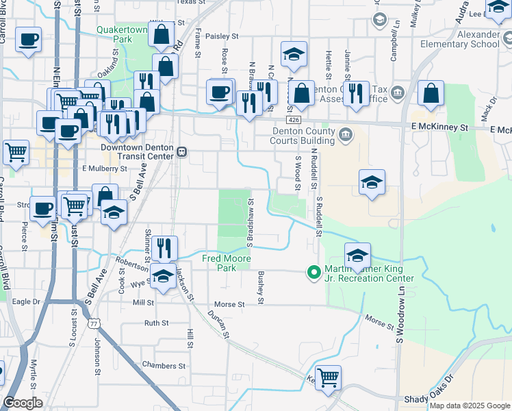map of restaurants, bars, coffee shops, grocery stores, and more near 319 S Bradshaw St in Denton